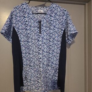 Floral Blue and Black Women's Scrub Top